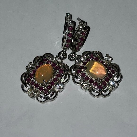 925 Sterling Silver Floral Fire Opal/Ruby/Blue Topaz Centre Earrings Value $655 - Picture 2 of 6